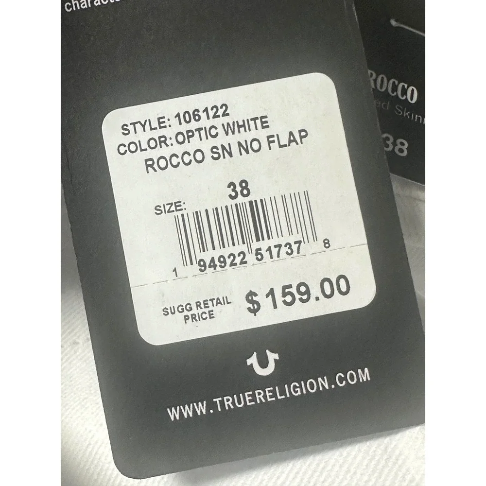 NWT‎ True Religion Rocco Jeans Mens 38x33 Optic White Relaxed Skinny No Flap Y2K